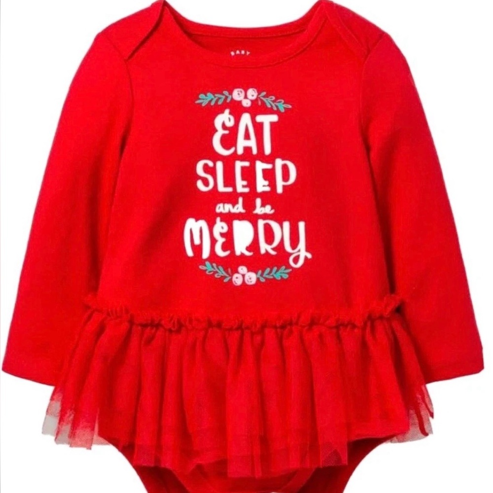 Cat & Jack Eat Sleep & Be Merry Christmas Bodysuit Dress w/Tutu 12 Months NWOT